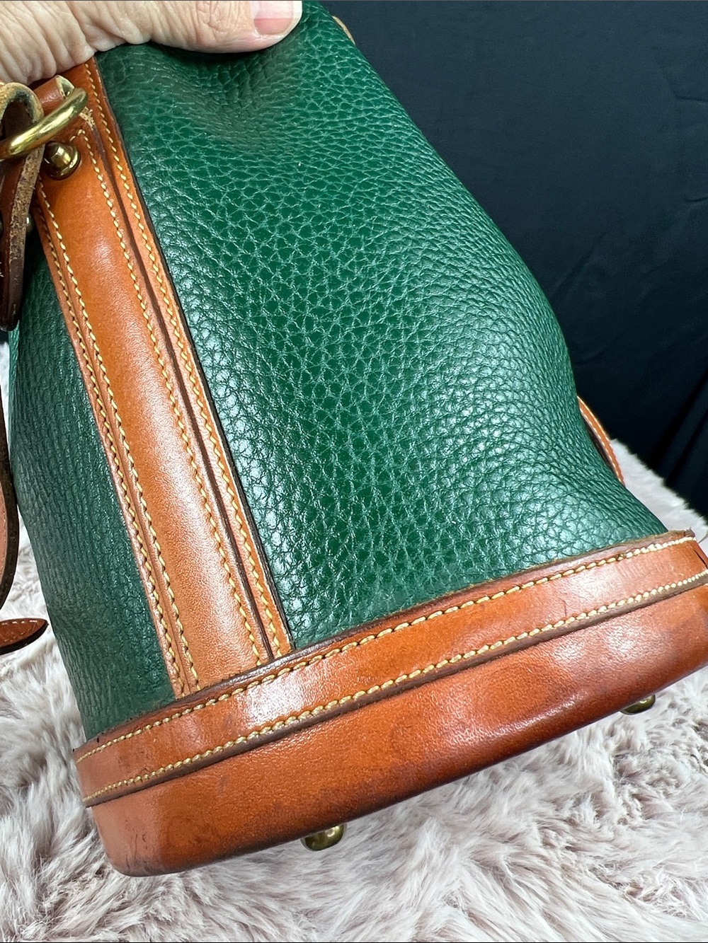 Dooney & Bourke Green and Brown Pebbled Leather Drawstring Crossbody Bag - Picture 9 of 12